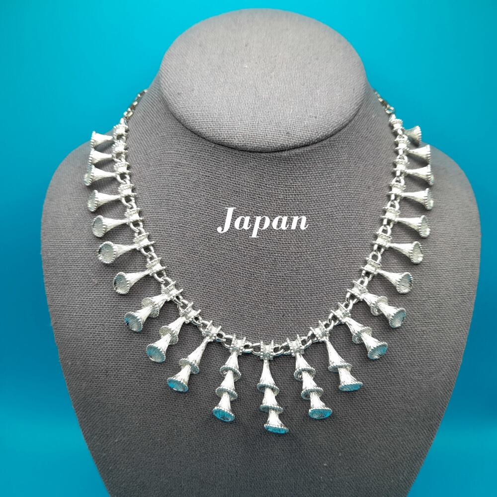 Vintage Japan Silver Tone Choker Necklace, Spiraling Dangles, 1950s Jewelry